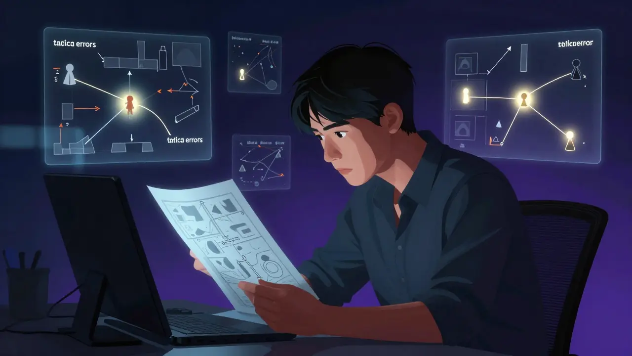 Player analyzing game strategy with visual overlays of tactical moves