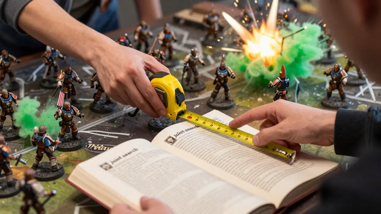Players using a tape measure and rulebook to resolve a dispute