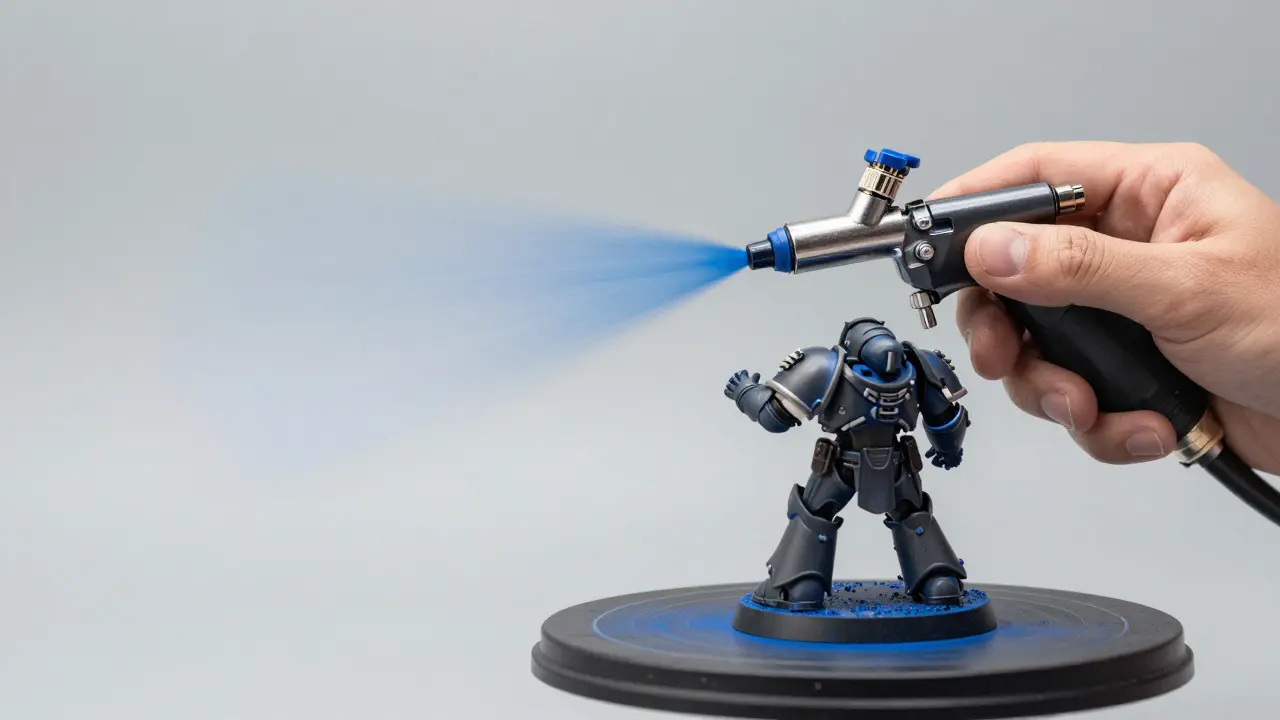 Процесс аэрографии миниатюры Warhammer 40K с правильным расстоянием и давлением