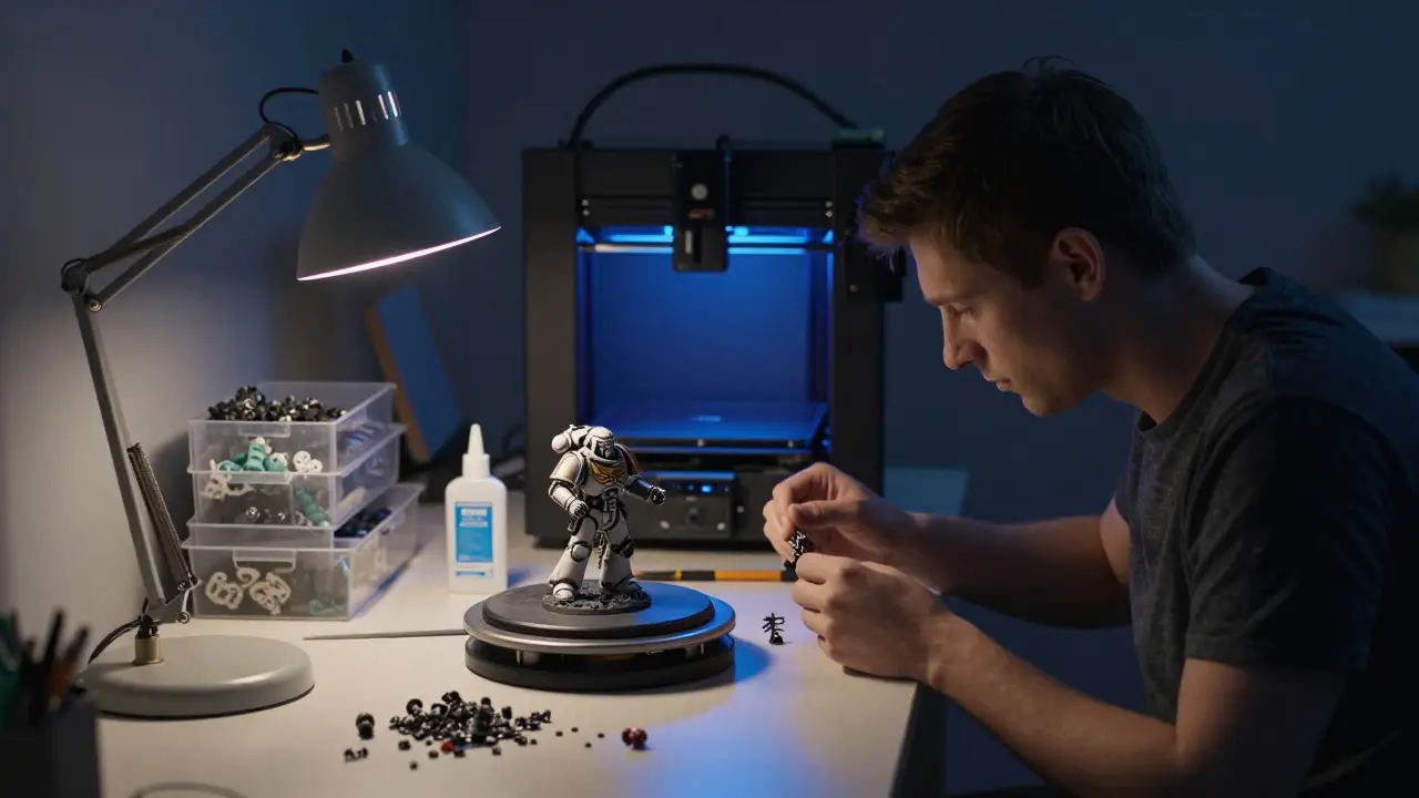 Рабочее место модельера с 3D-принтером и деталями для сборки