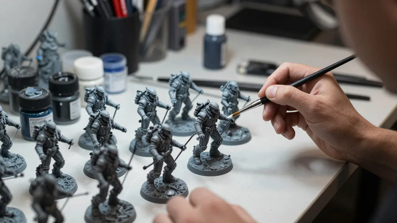 Рука художника наносит блик на серую миниатюру Warhammer 40K