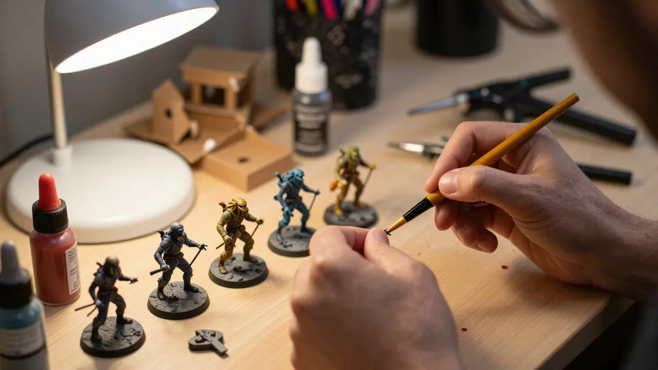 Руки хоббииста красят миниатюры Warhammer 40k за рабочим столом