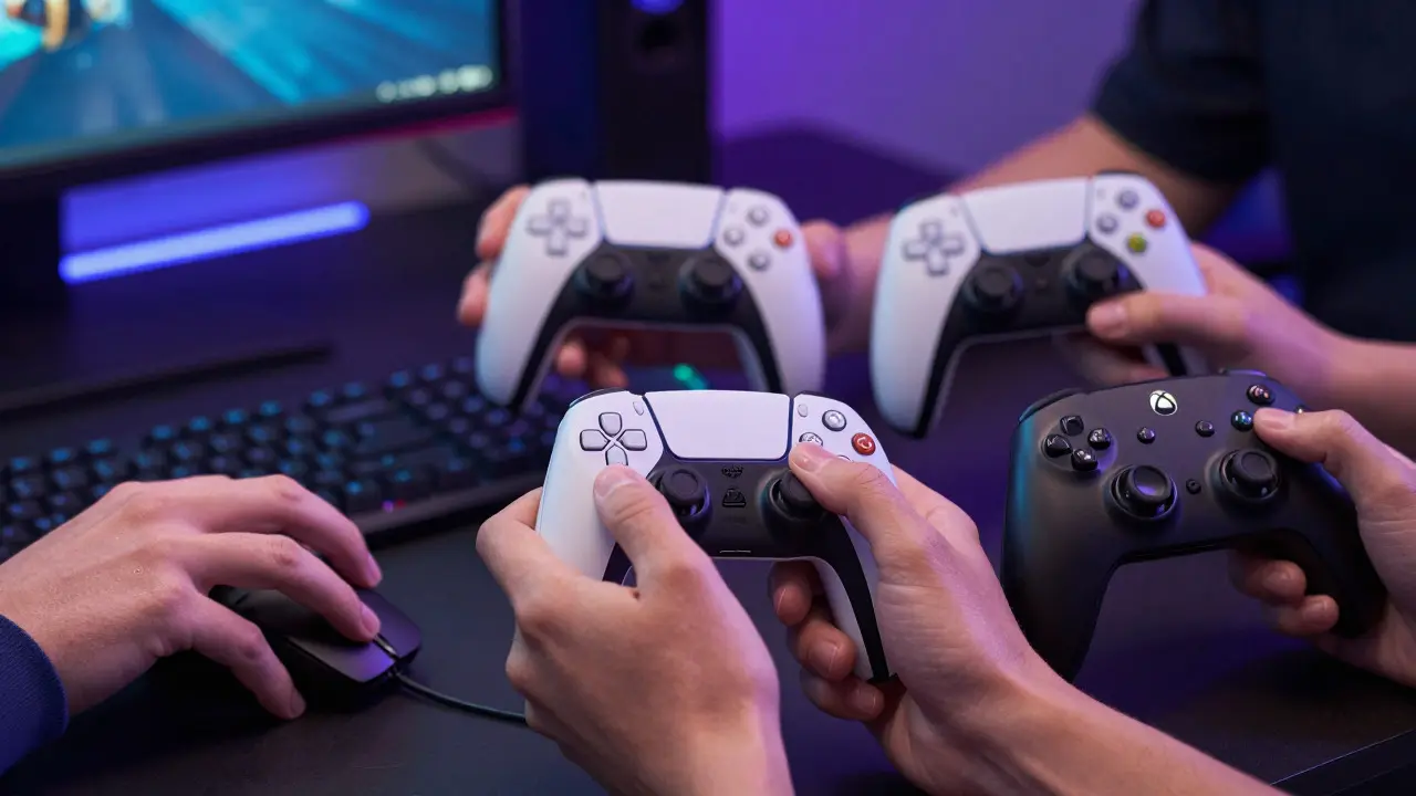 Руки игроков с контроллерами PS5, Xbox и ПК на фоне игрового стола