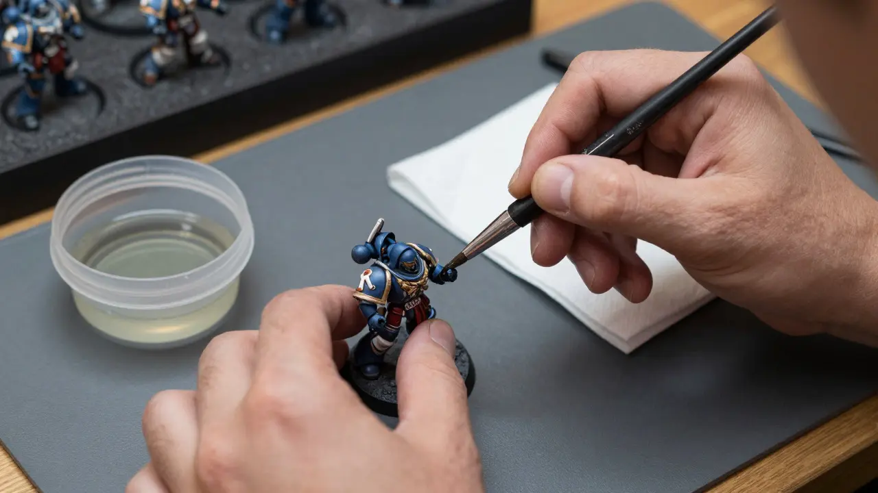 Руки красят миниатюру Warhammer 40K кистью на силиконовом коврике при хорошем свете