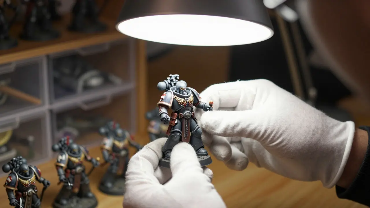 Руки в перчатках внимательно осматривают миниатюру Warhammer 40K под ярким светом лампы