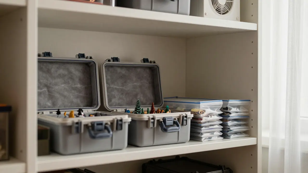 Shelving unit with protected miniature cases and storage bags in a well-ventilated room
