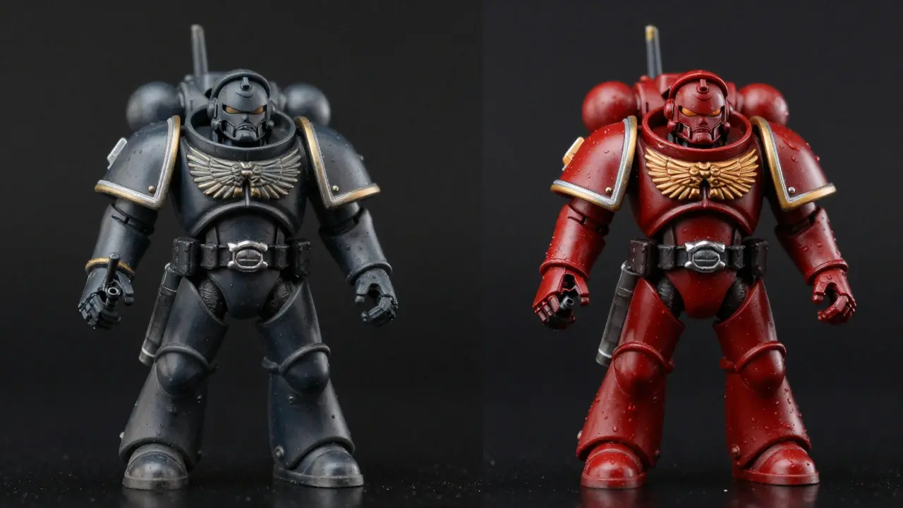 Side-by-side comparison of matte and gloss finishes on identical Warhammer 40K miniatures