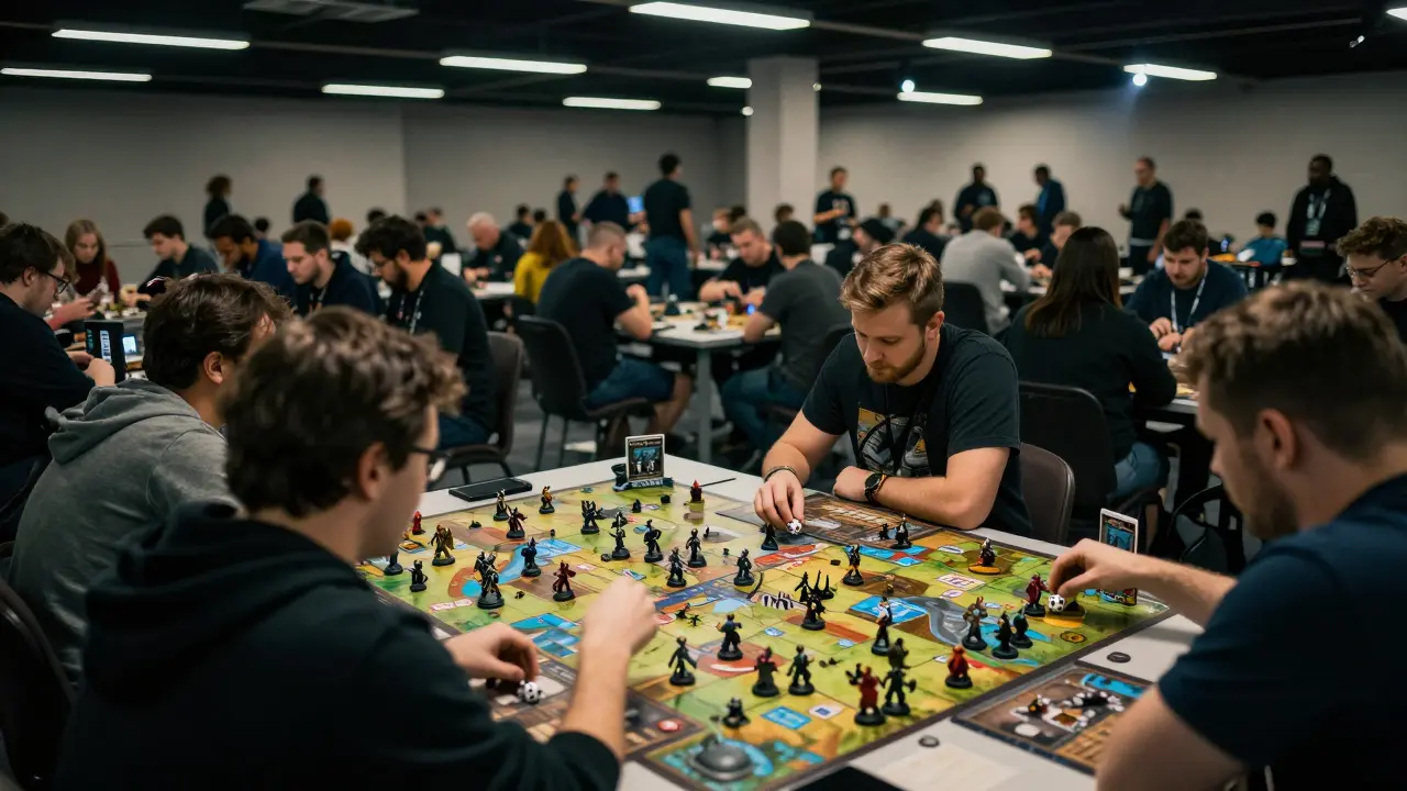 Широкий план большого зала с множеством столов для игры в Warhammer