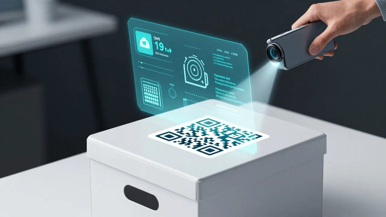 Сканирование QR-кода на коробке с проекцией цифровой информации