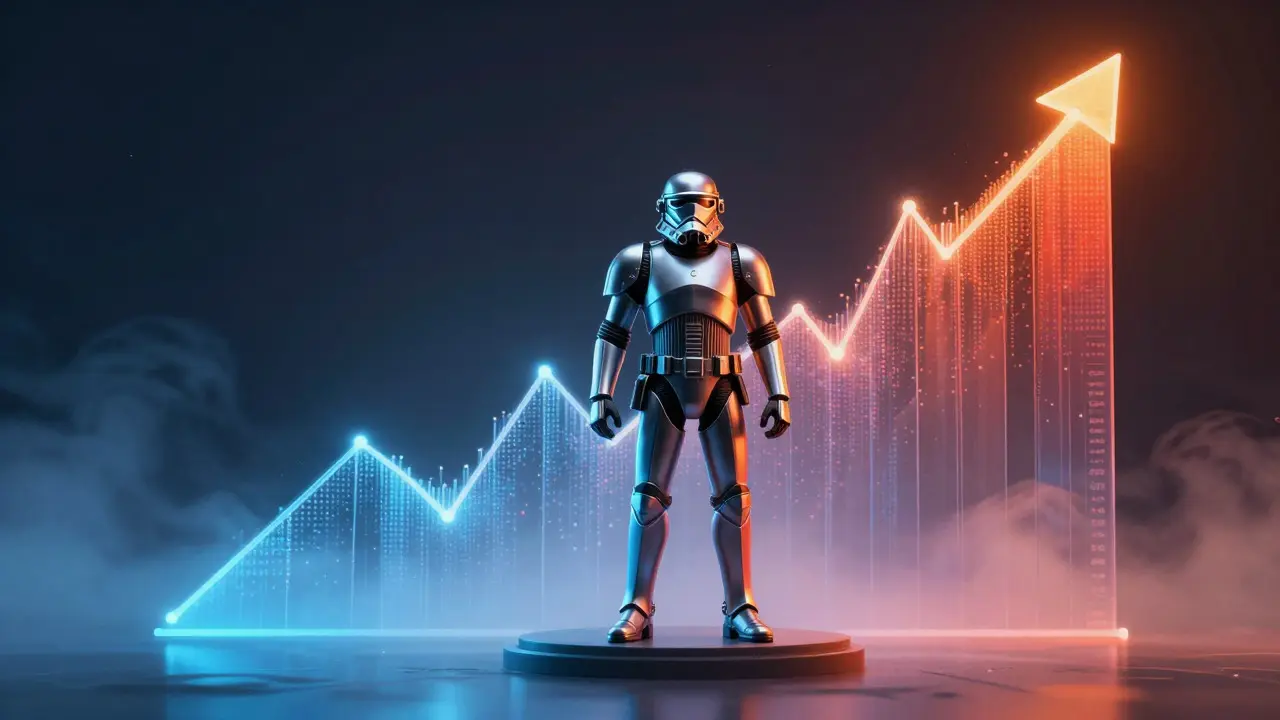 Space Marine miniature with glowing upward price trend lines