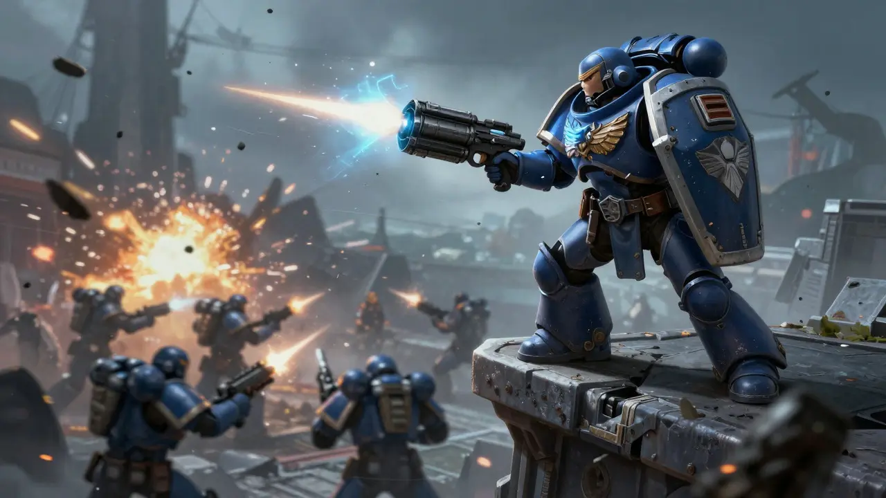 Space Marine taking high ground position overlooking enemies in a battle scene