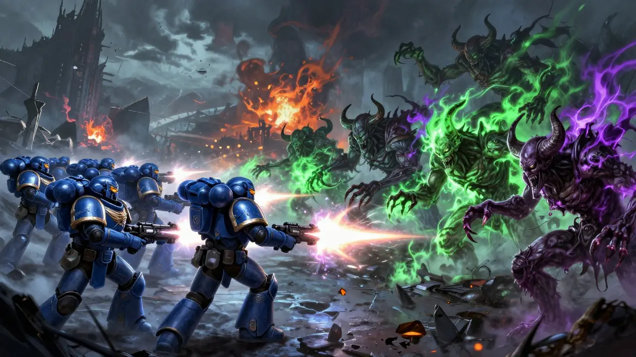 Space Marines battling twisted Chaos Demons on a ruined battlefield