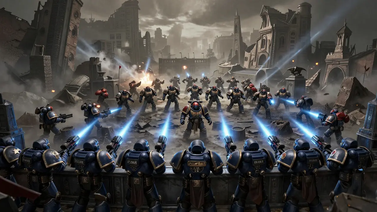 Space Marines executing a flanking maneuver around a defensive line in a ruined city