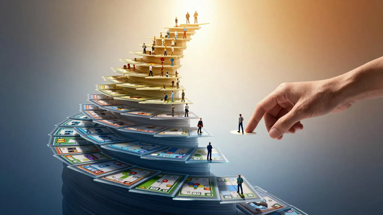 Spiral staircase of game boards symbolizing structured improvement