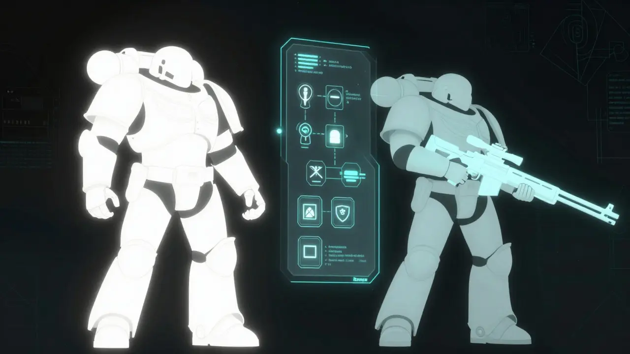 Split silhouette of a Space Marine showing tank and sniper builds with floating icons