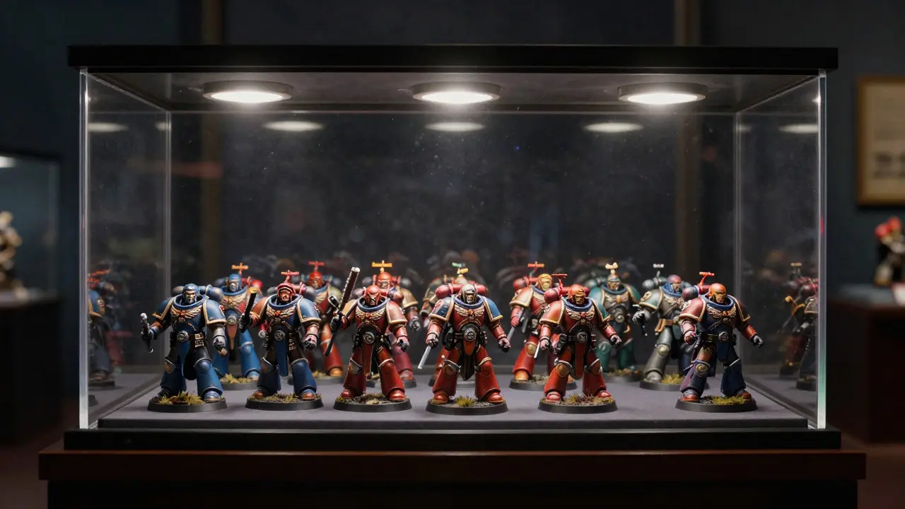 Spotlit display case with pristine glass showing detailed painted miniatures