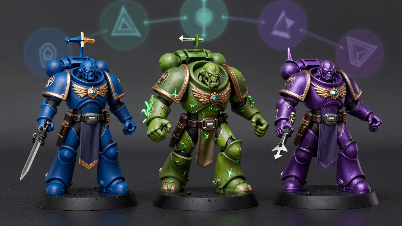 Сравнение трех архетипов лидеров Warhammer 40K на тёмном фоне