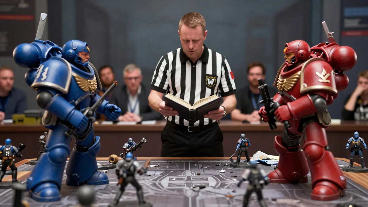 Судья разрешает спор между двумя игроками во время партии Warhammer