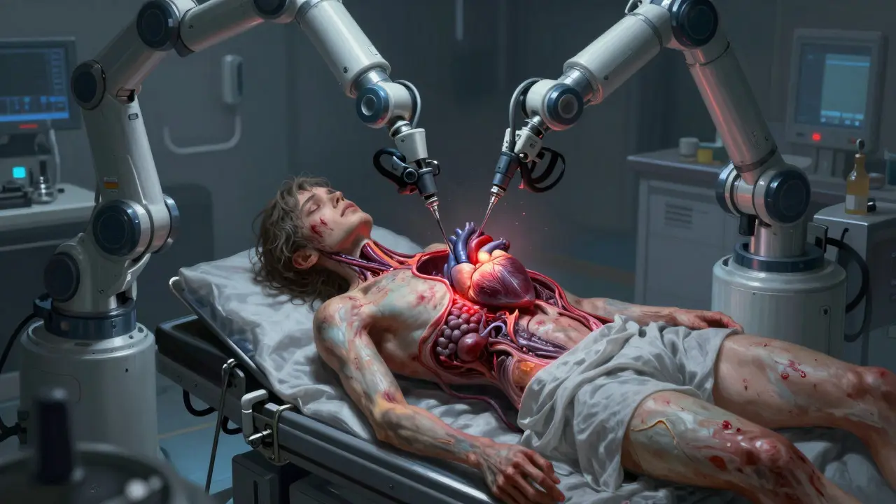 Surgical scene showing the implantation of a second heart into a recruit