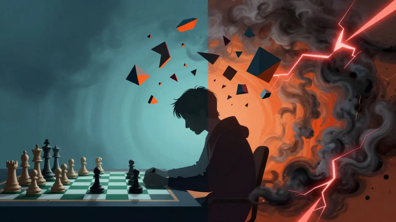 Сurrealistическая иллюстрация ментального стресса и хаоса мыслей во время игры
