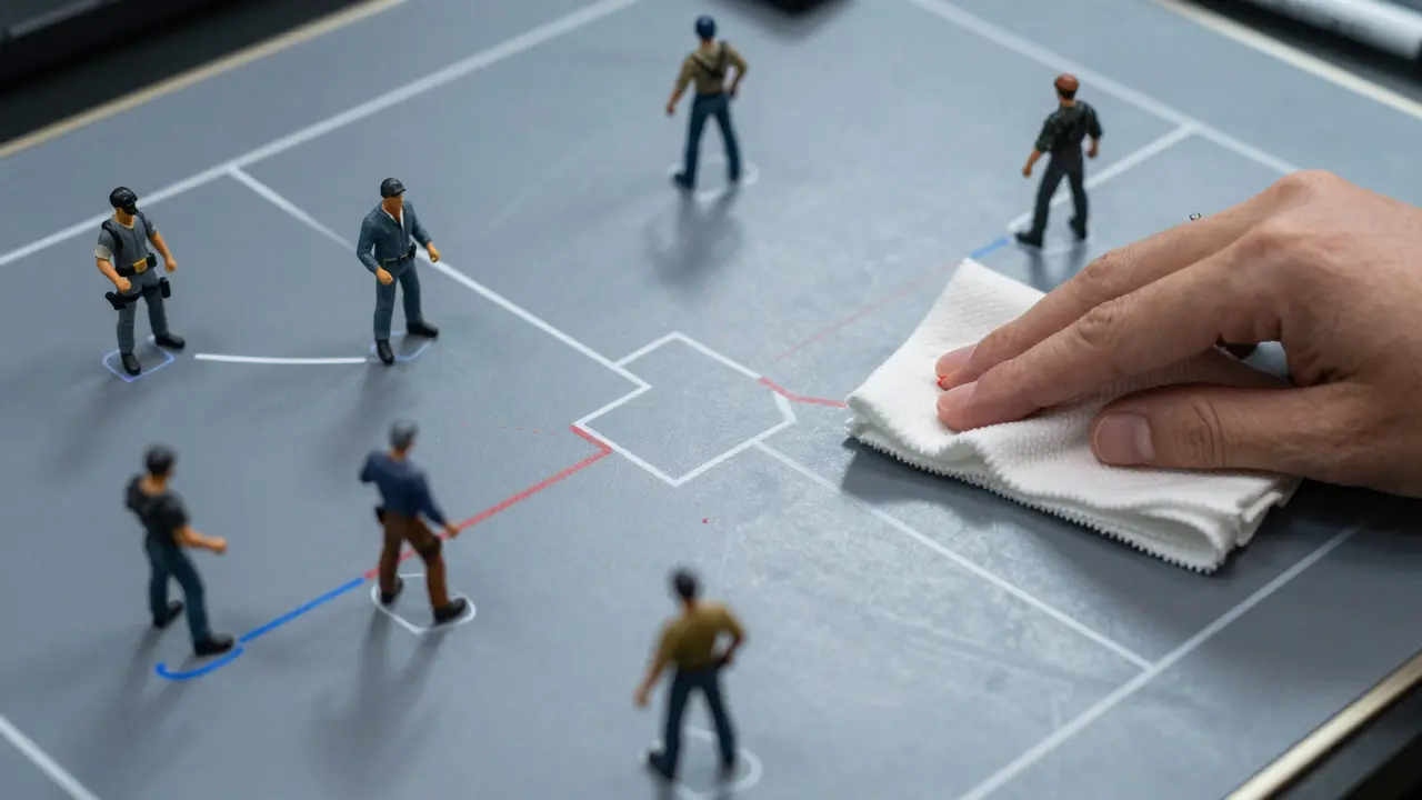 Tactical miniatures on a plastic mat with temporary whiteboard marker lines