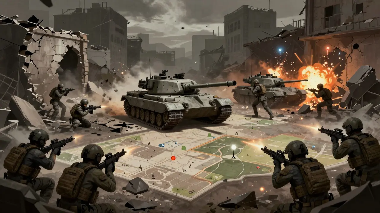 Tactical pincer maneuver with infantry flanking a tank in a ruined cityscape