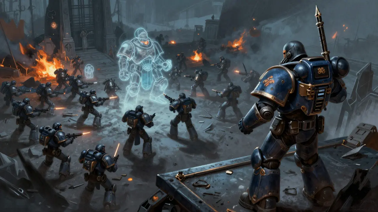 Тактический командир анализирует позиции врага в динамичной битве Warhammer 40K