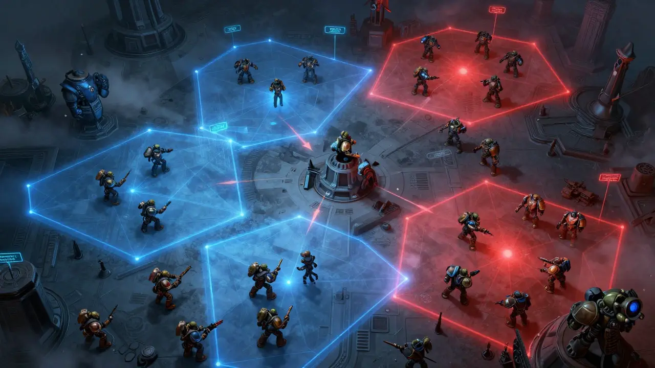 Top-down view of miniature armies managing colored zones of influence on a battlefield