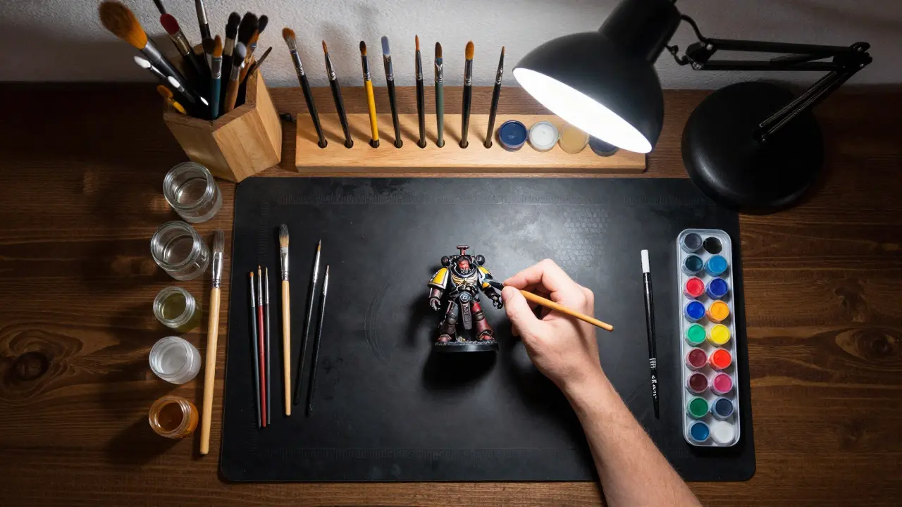 Top view of an organized painting desk with brushes, paints, and a model