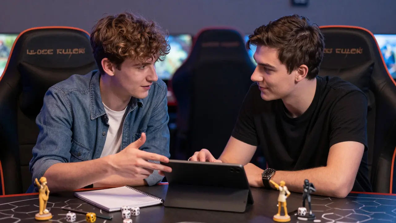Two gamers discussing house rules and strategy before a match