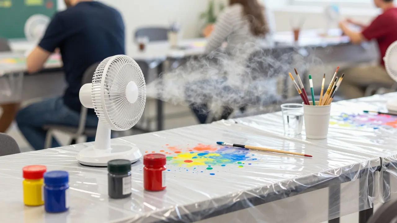 Ventilated painting station with fans and protected surfaces in a game room