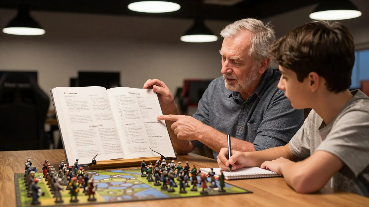 Veteran player teaching a novice about Warhammer 40K rules