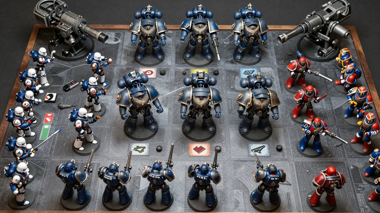 Вид сверху на расстановку миниатюр и маркеров в настольной игре Warhammer 40K
