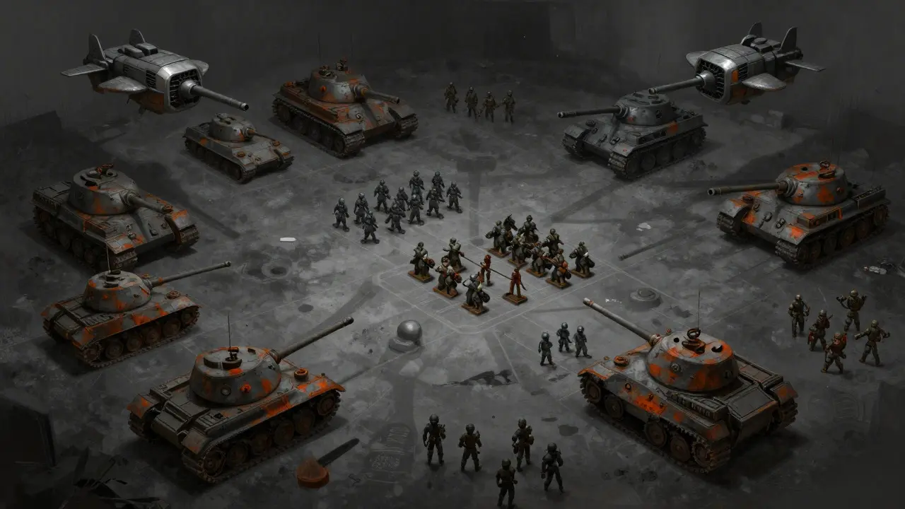 Вид сверху на расстановку танков и пехоты в стратегии Warhammer 40K