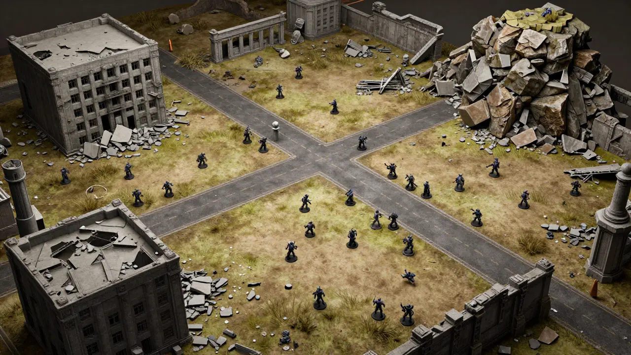 Wide view of a balanced Warhammer 40K battlefield with ruins and hills