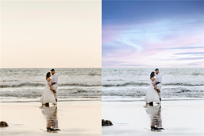 Как разнообразить свадебные фото у моря? Снимок до и после замены неба