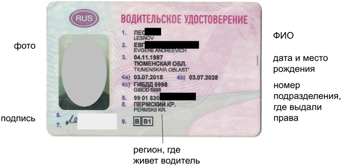 На лицевой стороне удостоверения основная информация о водителе