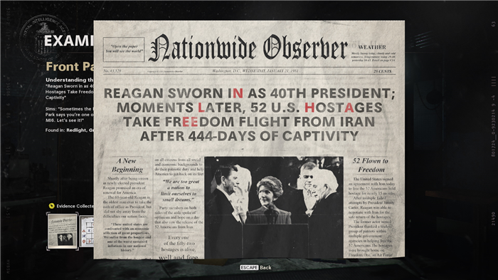 Заголовок этой газеты гласит: «Рейган вступил в должность 40-го президента; спустя несколько секунд после 444-дневного плена 52 американских заложника бегут на свободу из Ирана ». Некоторые буквы выделены красным.