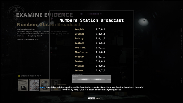 Numbers Station Вещание в хаосе холодной войны. Отображаются числа, соответствующие названиям городов, по четыре для каждого города.