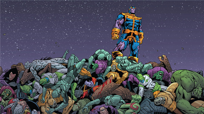 Танос в комиксах на горе поверженных врагов