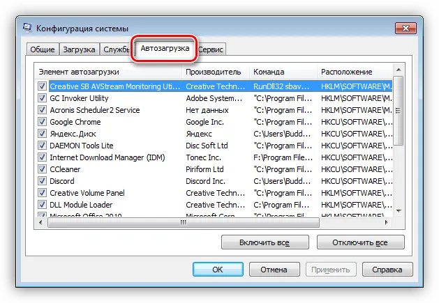 Примените чистую загрузку к списку запуска Windows 7 в оснастке Конфигурация системы