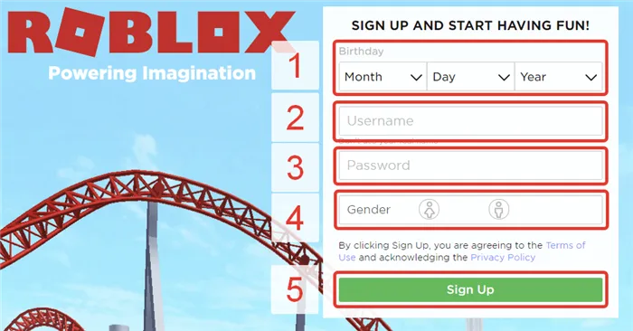 Регистрационная форма Roblox 2019