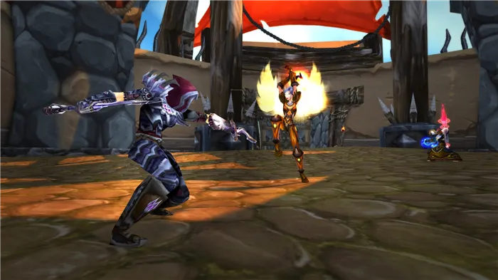 Один персонаж World of Warcraft с двумя ножами сражается с другим с мечом