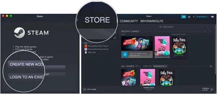 Чтобы загрузить игру Steam на Mac, создайте учетную запись или войдите в существующую. Нажмите на магазин.